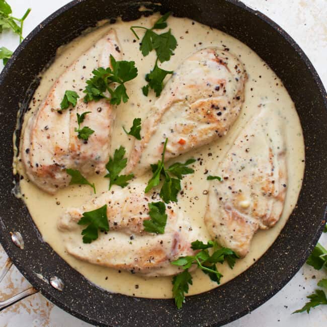 boursin chicken in a pan.