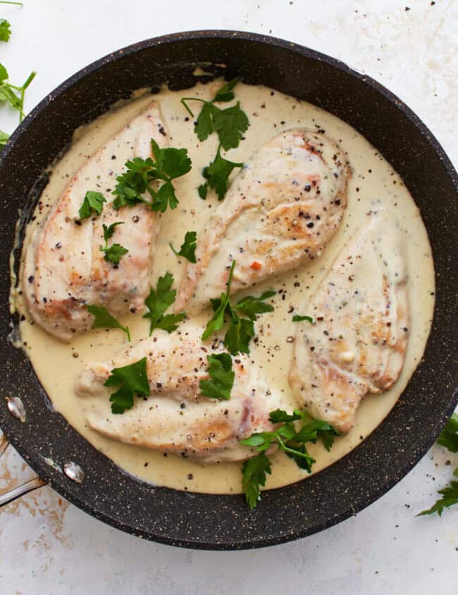 boursin chicken in a pan.