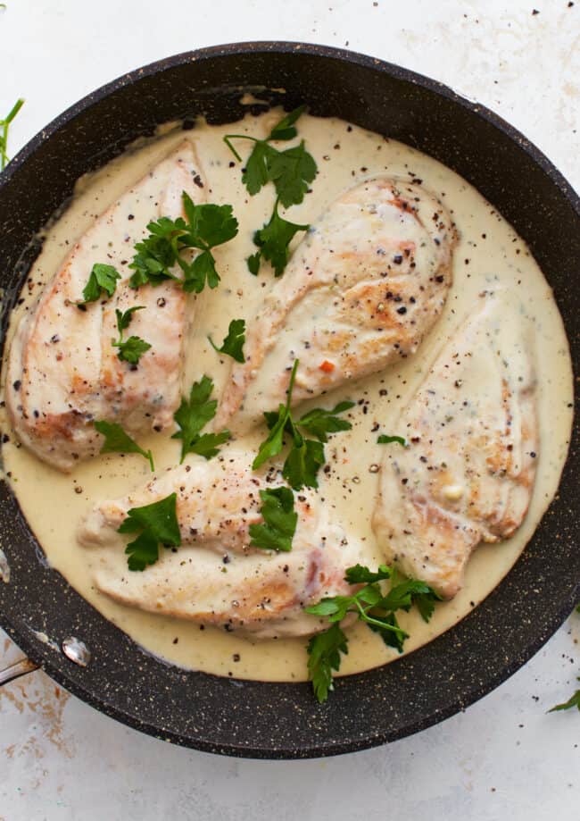 boursin chicken in a pan.