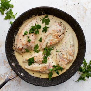 overhead view of boursin chicken in a pan.