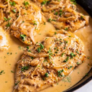 chicken dijon in a cast iron pan.