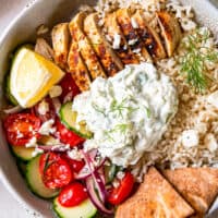 close up overhead view of a chicken tzatziki bowl.