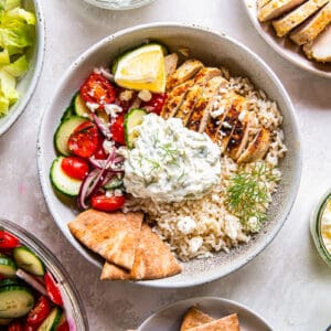 overhead view of a chicken tzatziki bowl.