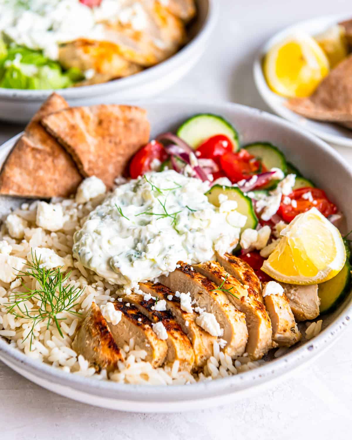 three-quarters view of a chicken tzatziki bowl.