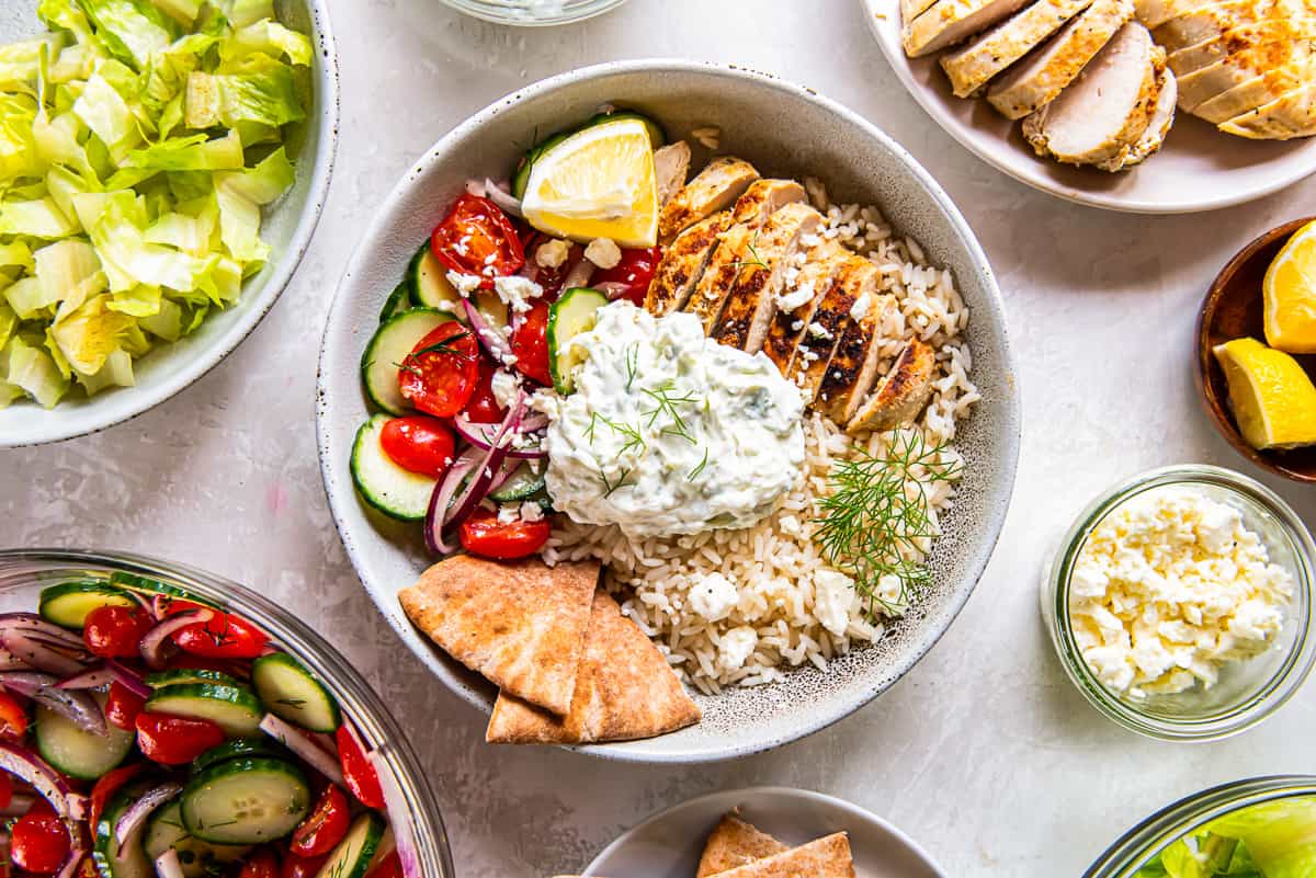 overhead view of a chicken tzatziki bowl.