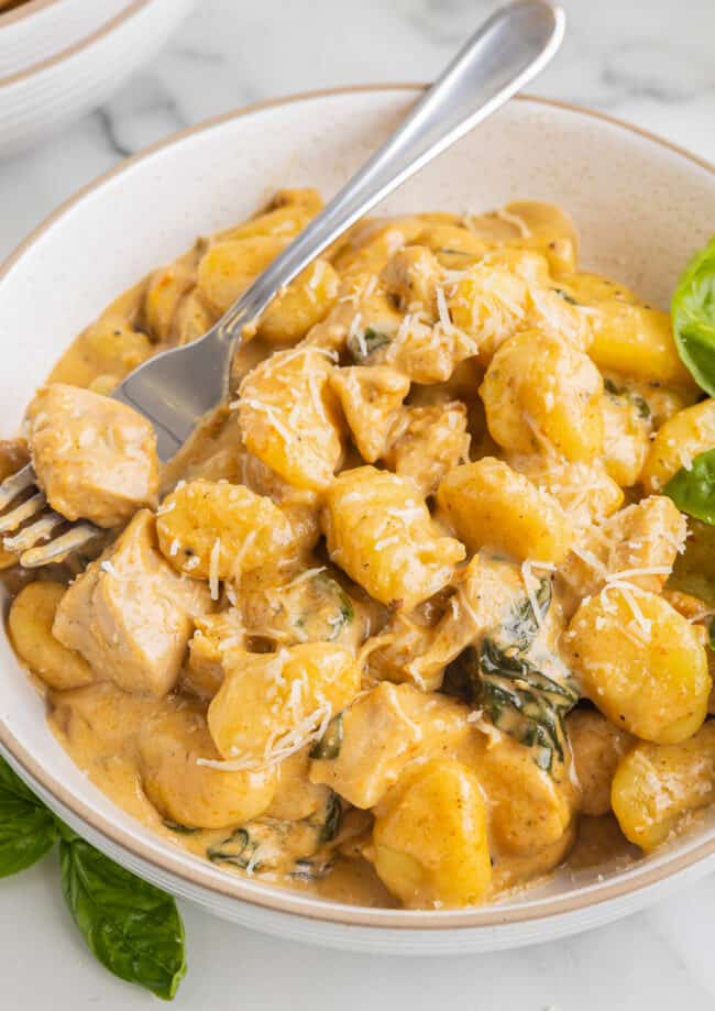 three-quarters view of creamy chicken gnocchi in a bowl with a fork.