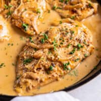 chicken dijon in a cast iron pan.