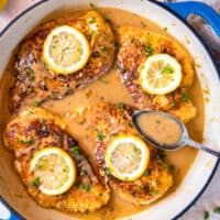 overhead view of chicken francese in a pan with a spoon.