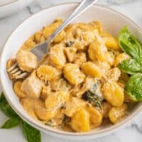 three-quarters view of creamy chicken gnocchi in a bowl with a fork.