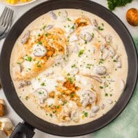 overhead view of sour cream chicken in a skillet.