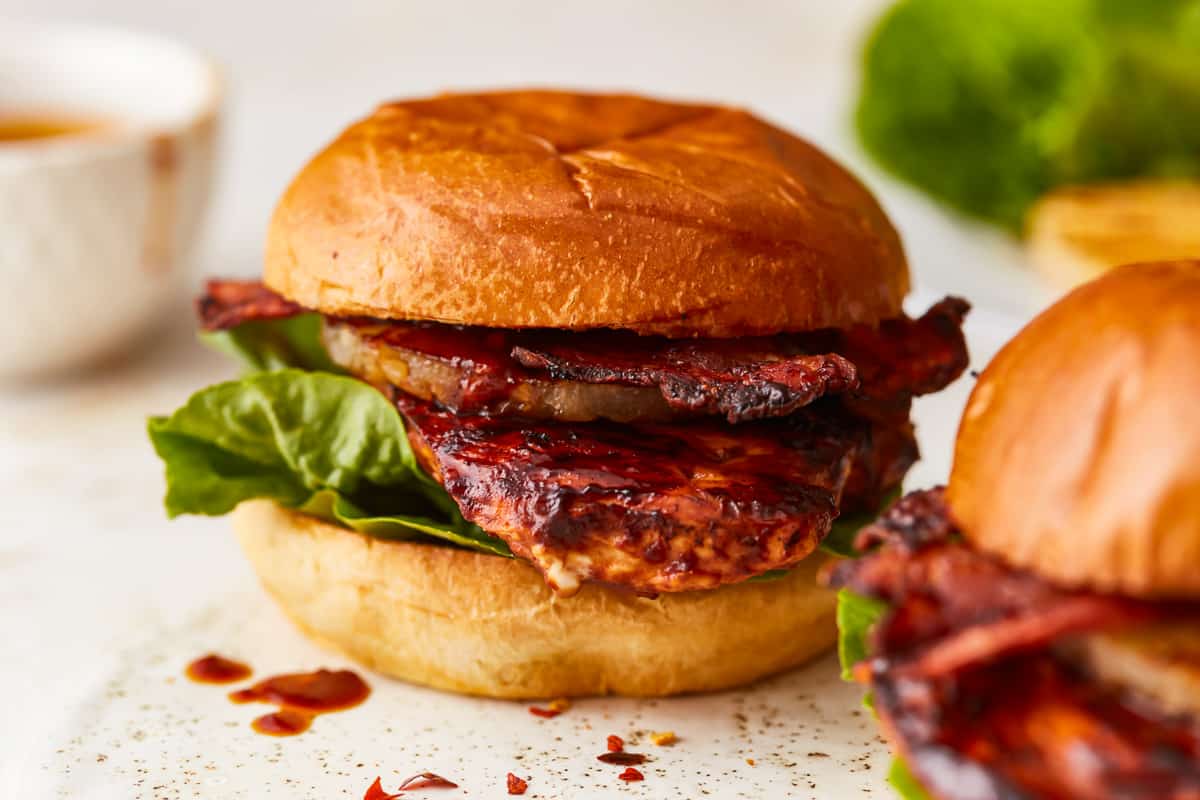 side view of a hawaiian chicken sandwich.