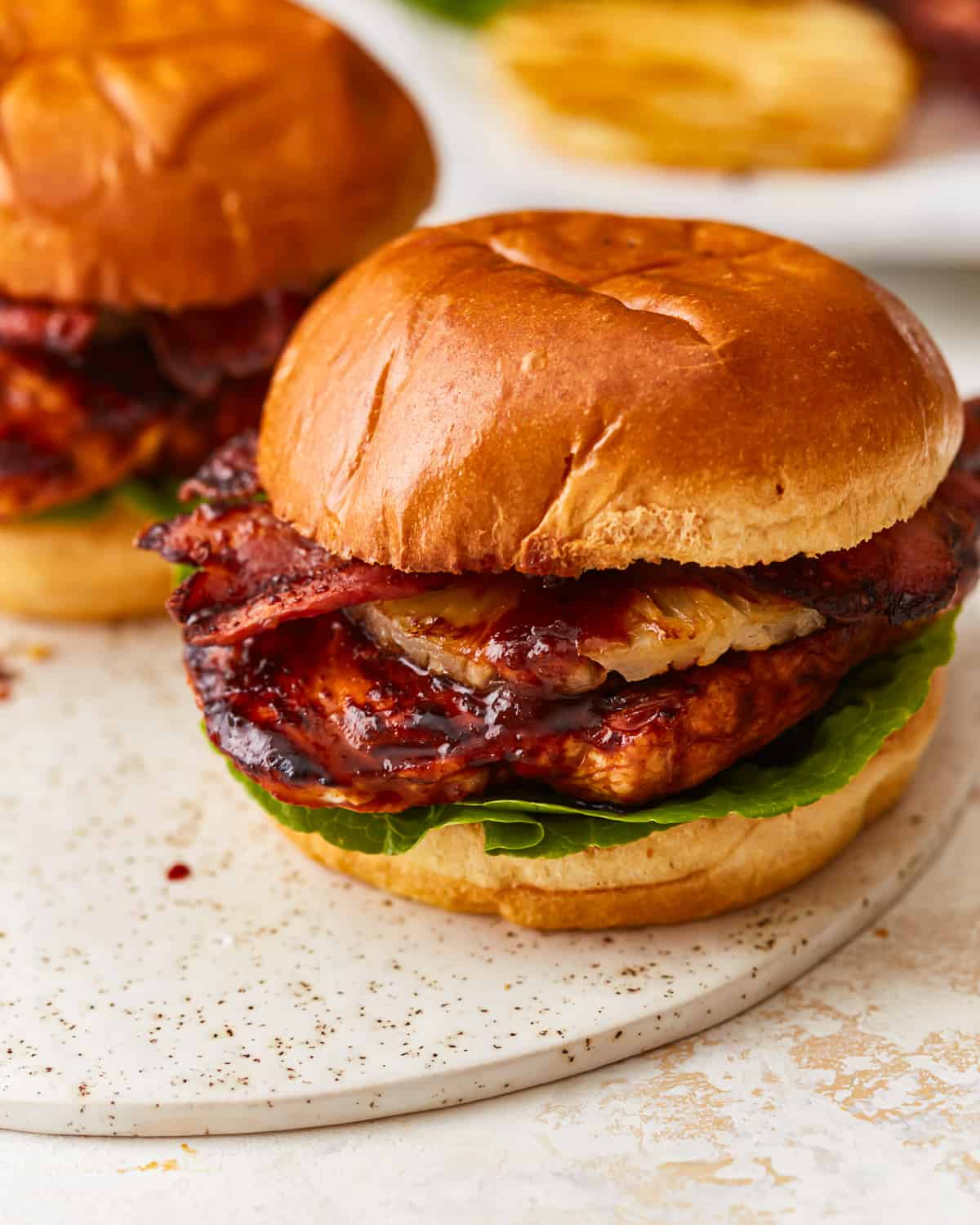 three-quarters view of hawaiian chicken sandwiches.