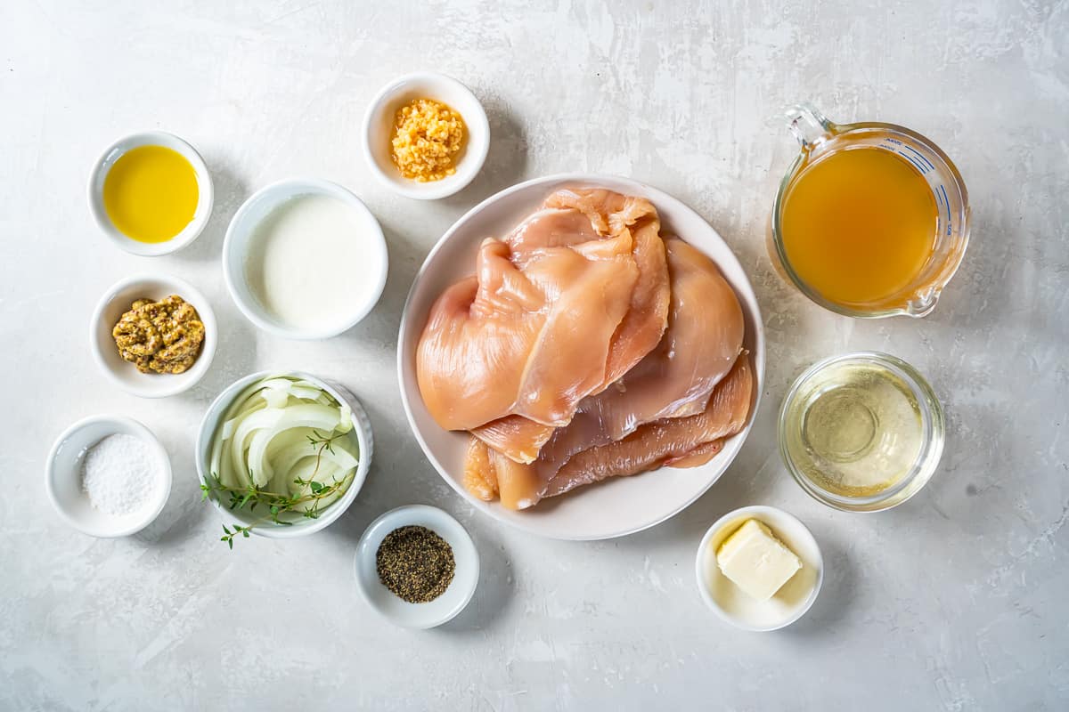 ingredients for chicken dijon in individual bowls.
