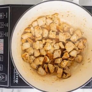 cooked chicken cubes in a pot.