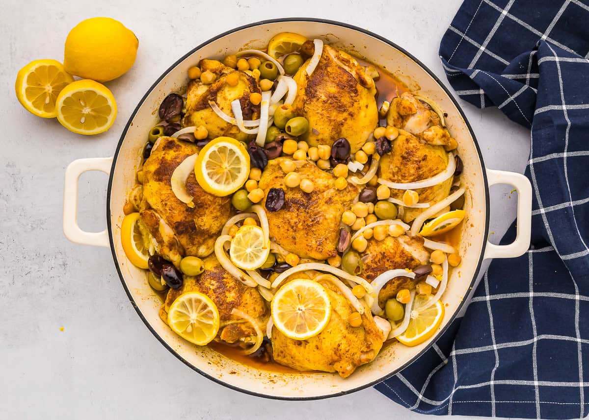 Moroccan chicken thighs in a pot.