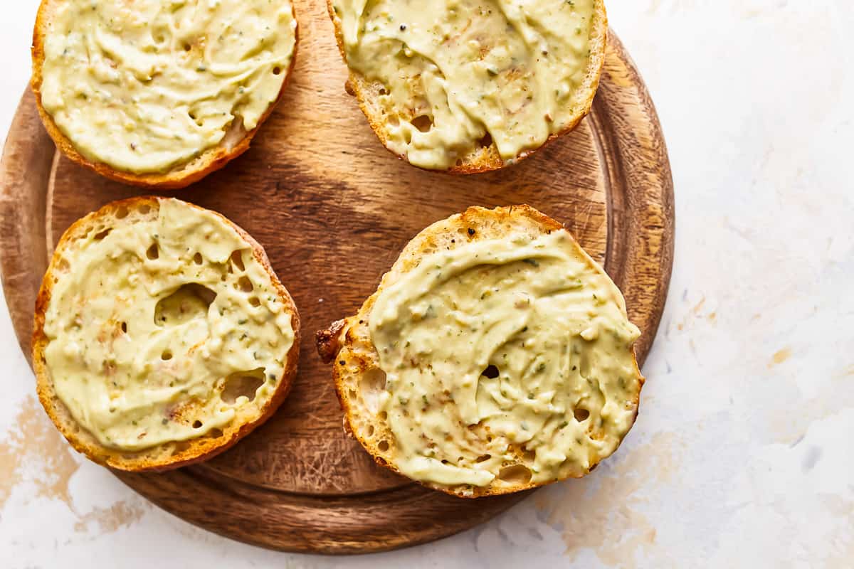 pesto mayo on toasted ciabatta rolls.