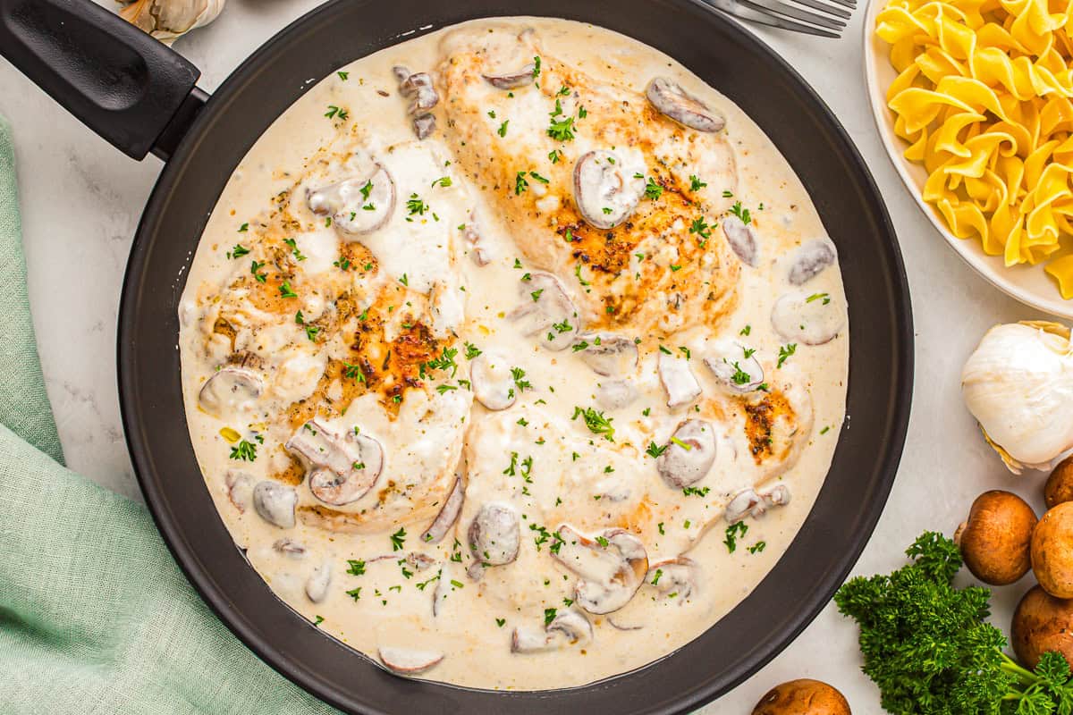 sour cream chicken in a skillet.