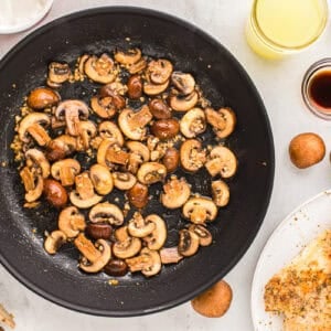 cooked mushrooms in a skillet.