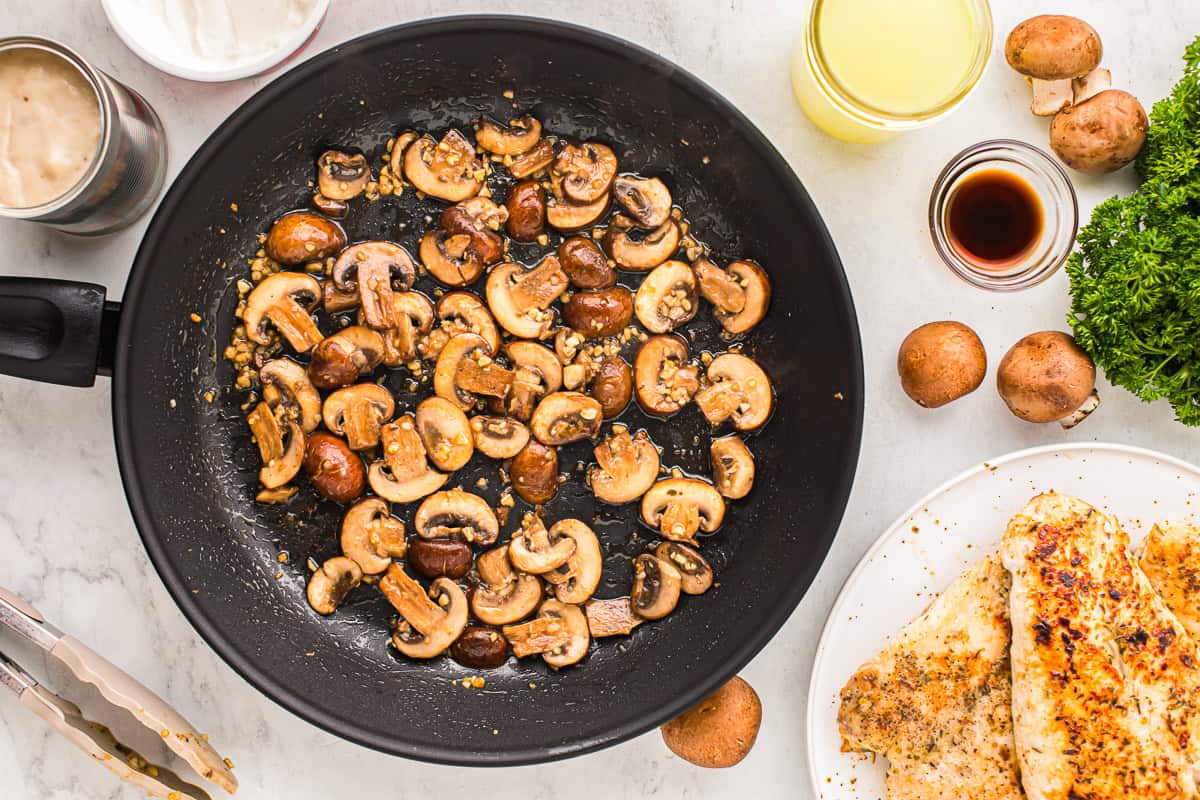 cooked mushrooms in a skillet.