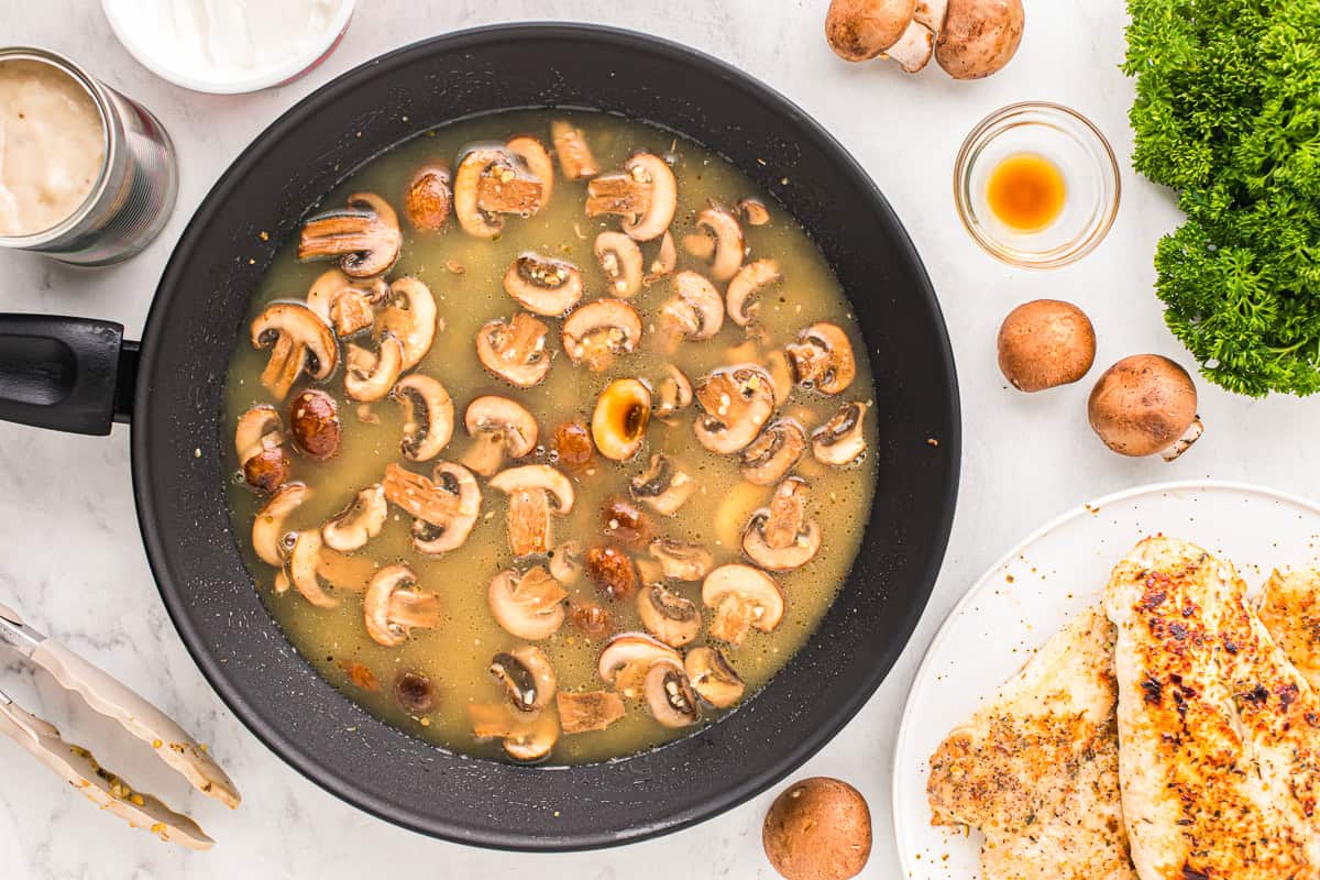 saucy mushrooms in a skillet.