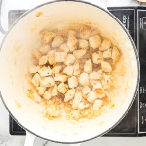 cooked chunks of chicken and onion in a dutch oven.