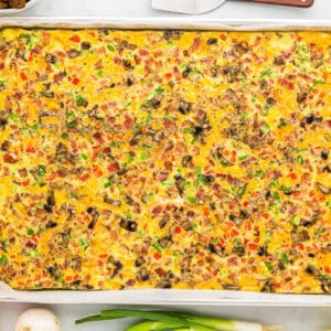 overhead view of sheet pan eggs.