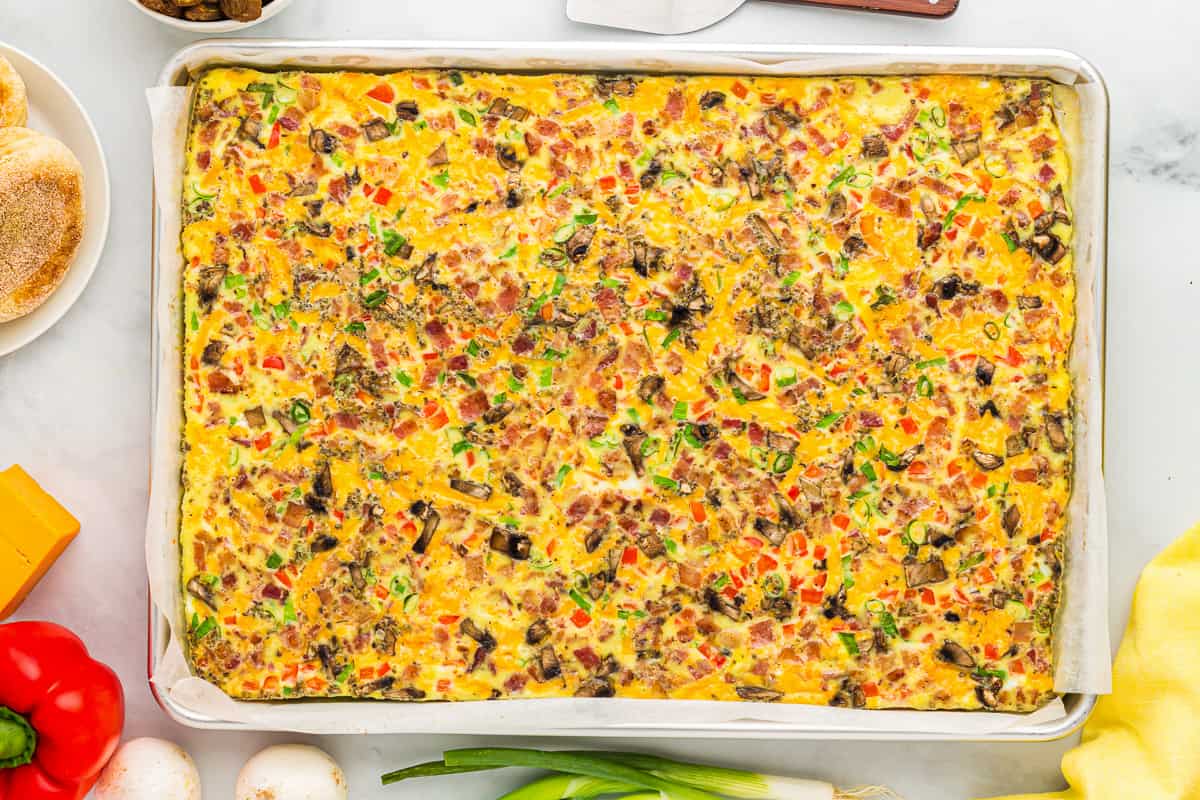 overhead view of sheet pan eggs.