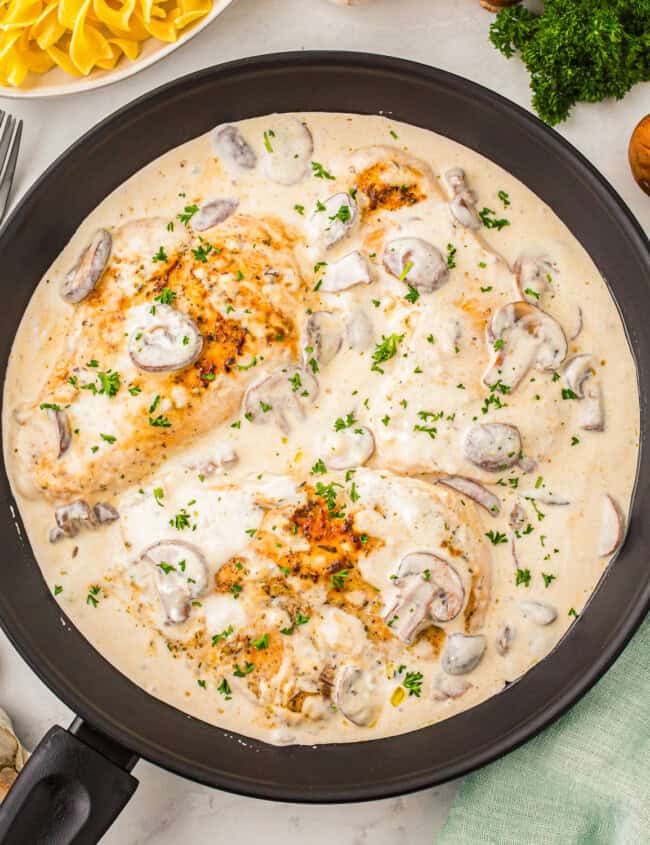 overhead view of sour cream chicken in a skillet.