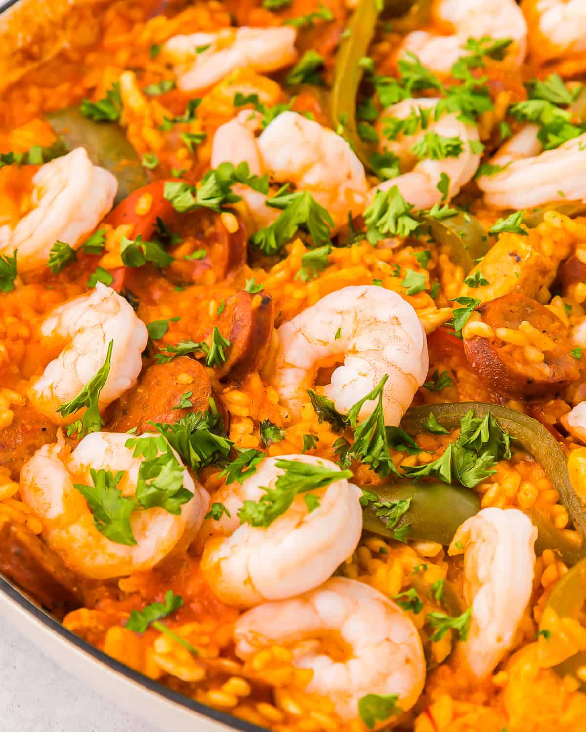 close up view of chicken paella.