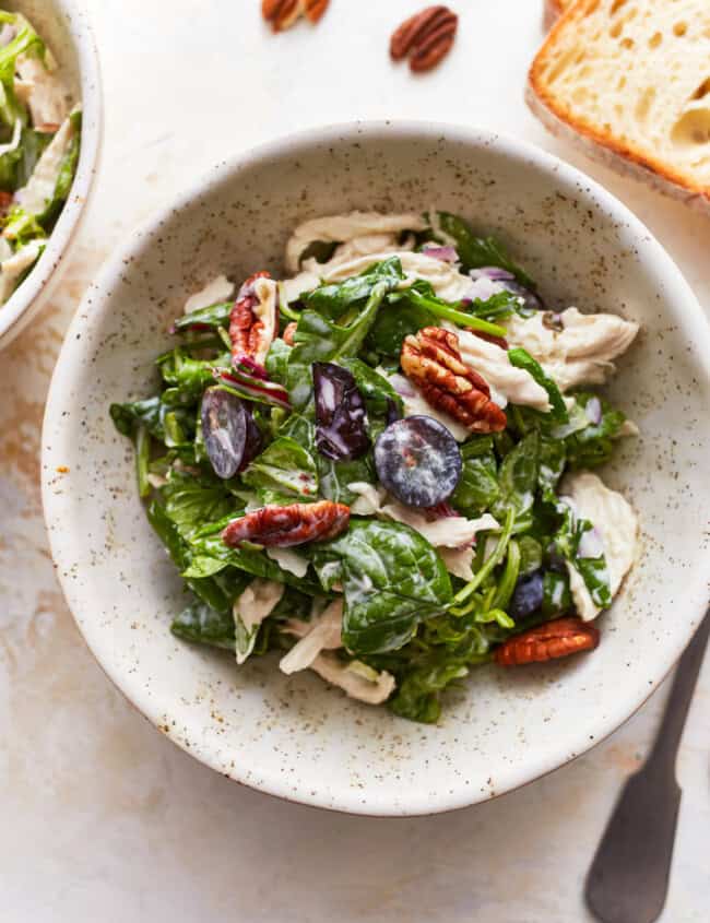 overhead view of a bowl of california chicken salad.