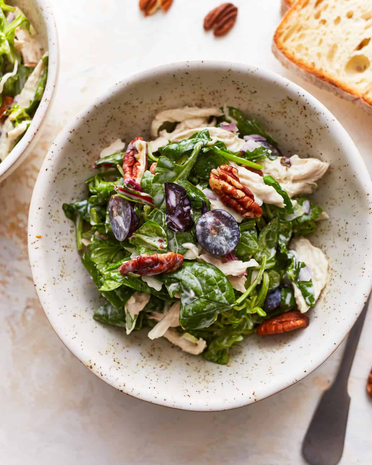 overhead view of a bowl of california chicken salad.