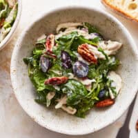 overhead view of a bowl of california chicken salad.