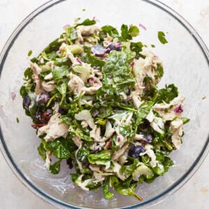 california chicken salad in a glass bowl.