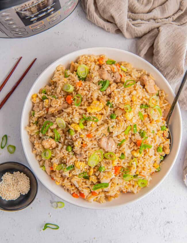 overhead image of chicken fried rice topped with green onions in a white bowl