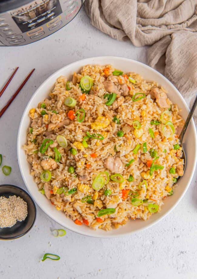 overhead image of chicken fried rice topped with green onions in a white bowl