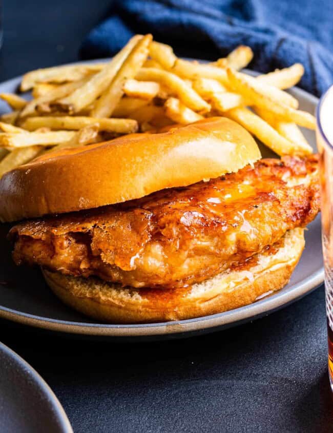 beer battered chicken sandwich with hot honey