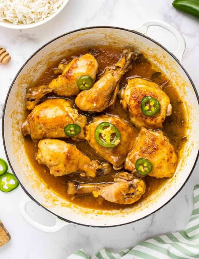 chicken adobo in white dutch oven