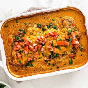 chicken con queso in baking dish