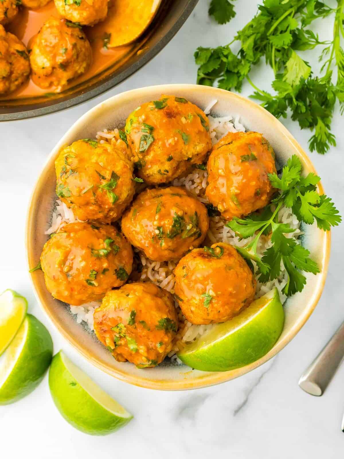 curry chicken meatballs in bowl with rice