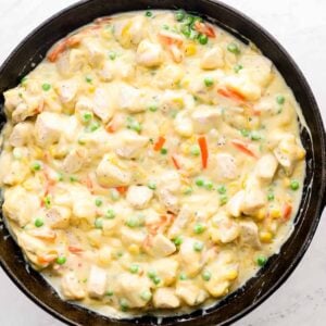 filling for tater tot chicken casserole in skillet