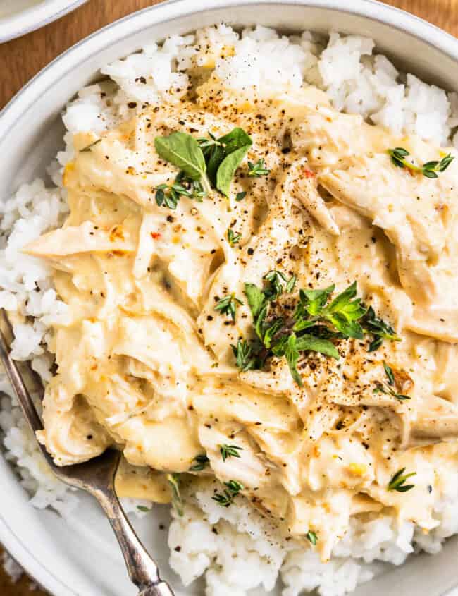 Crockpot Italian chicken served with rice.