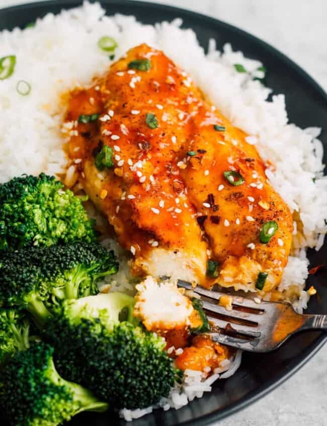 honey garlic chicken breast served with white rice and broccoli with fork