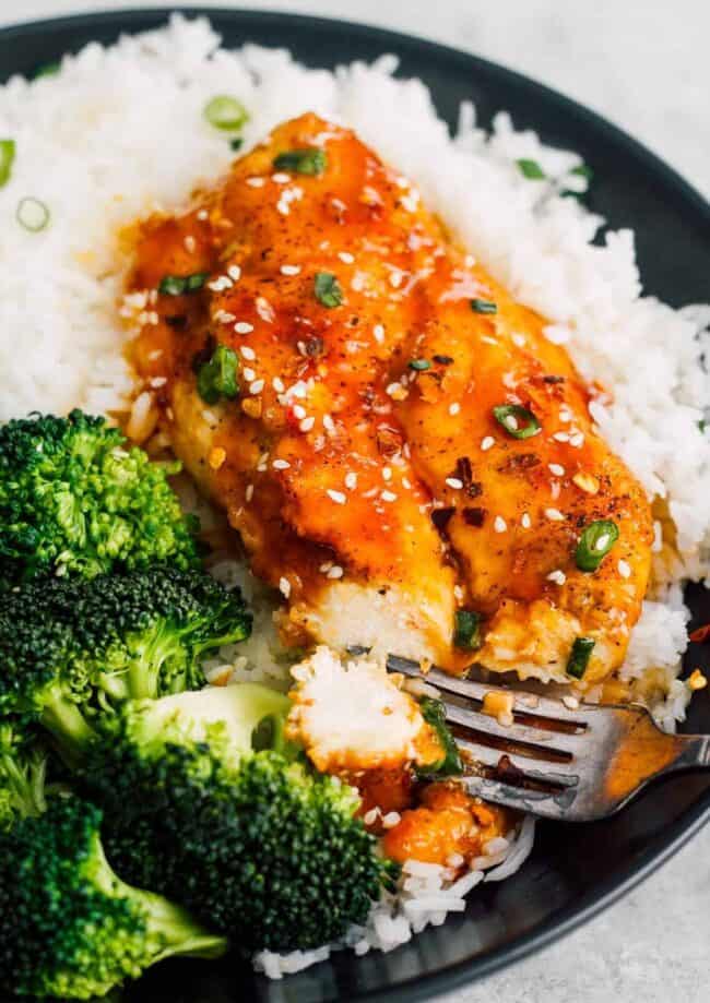 honey garlic chicken breast served with white rice and broccoli with fork