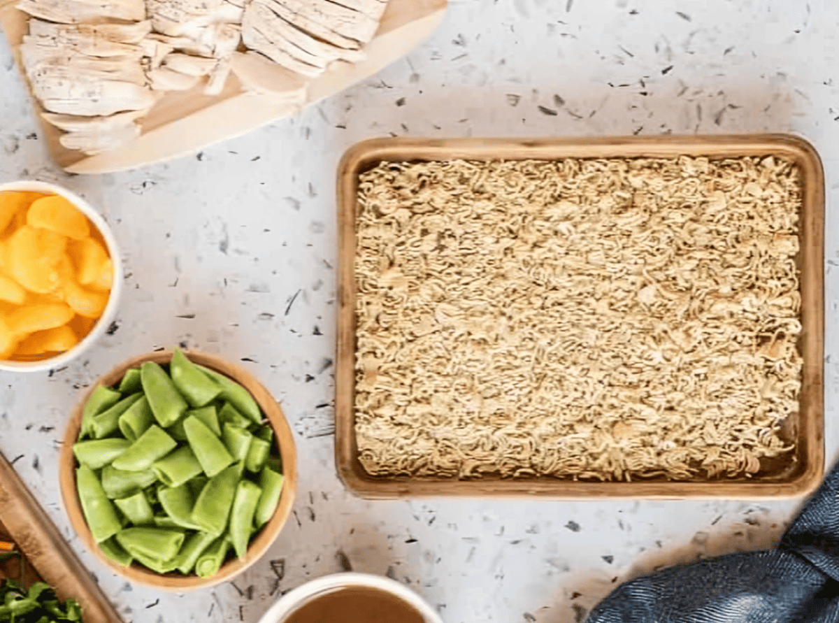 crushed noodles in a tray.