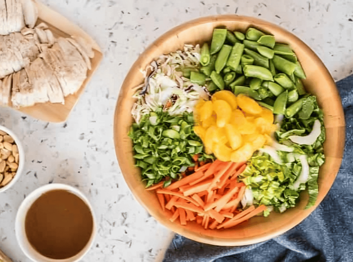 chinese chicken salad in a bowl.