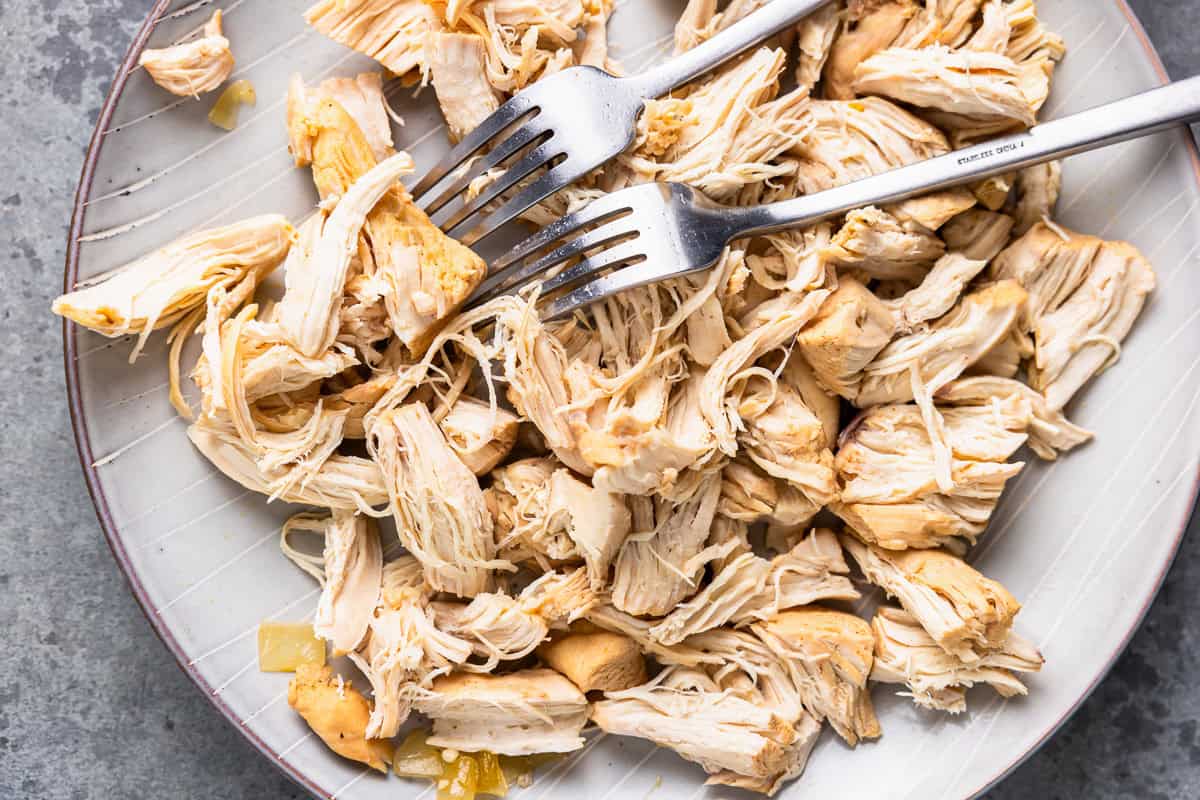 Pieces of shredded chicken on a plate with two forks.
