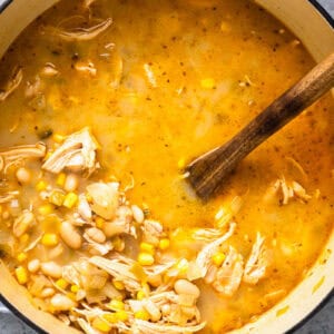 White chicken chili in a large pot.