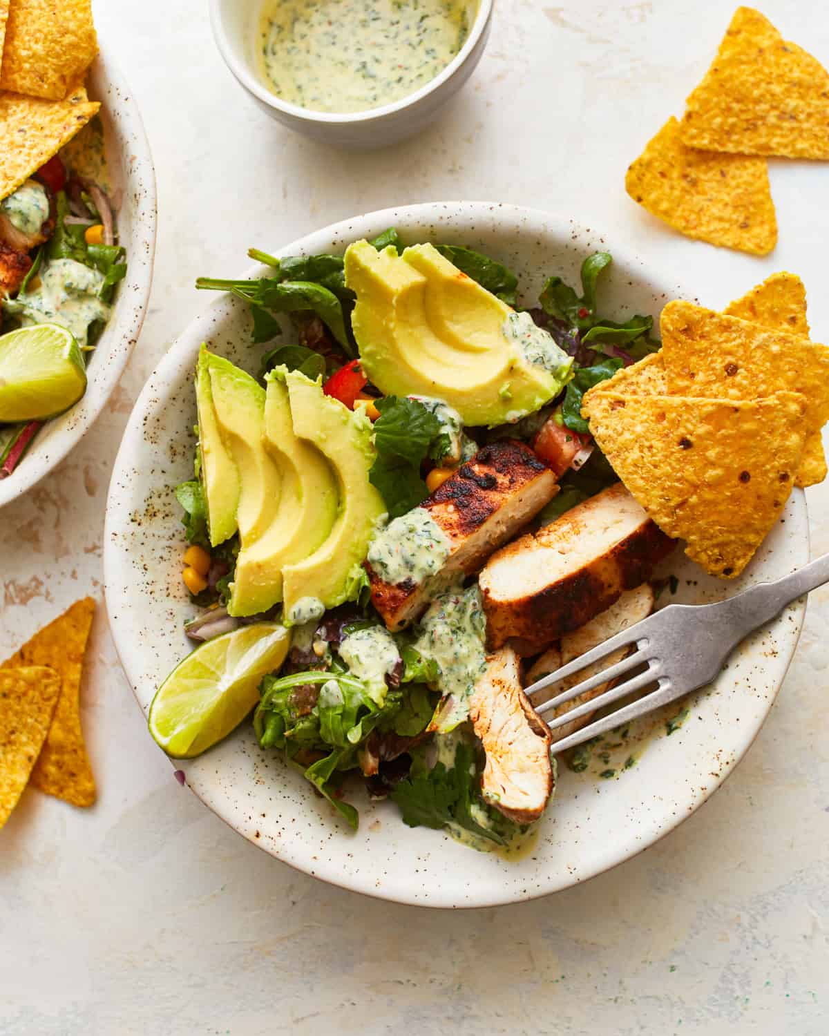 overhead view of a serving of santa fe chicken salad in a white bowl with a fork.