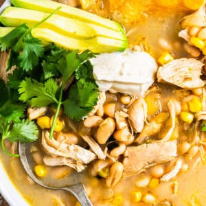 Close up on a bowl of white bean chicken chili.
