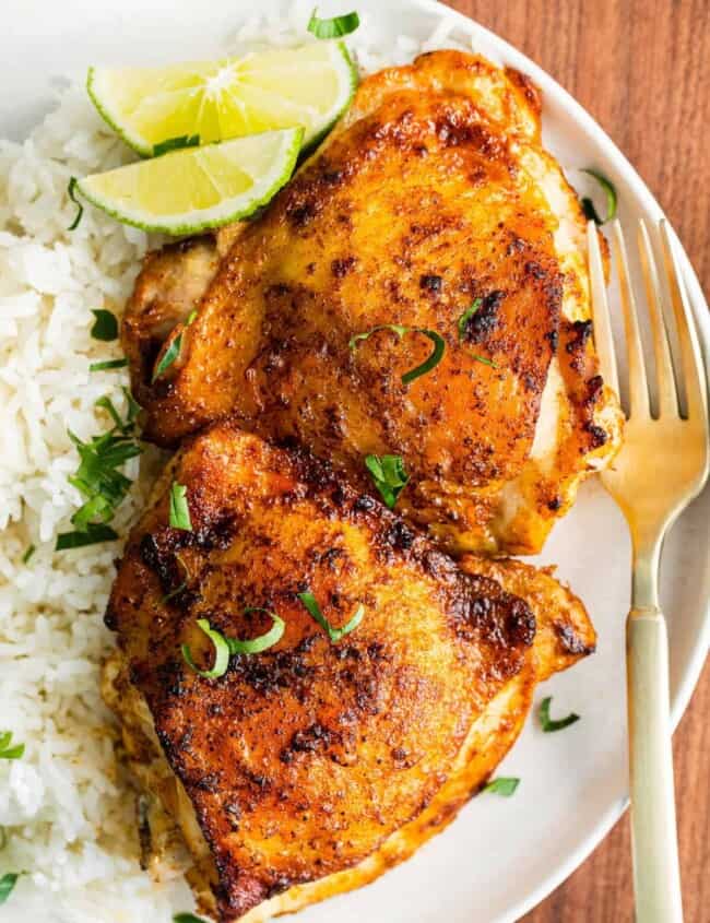 overhead image of crispy air fryer chili lime chicken thighs